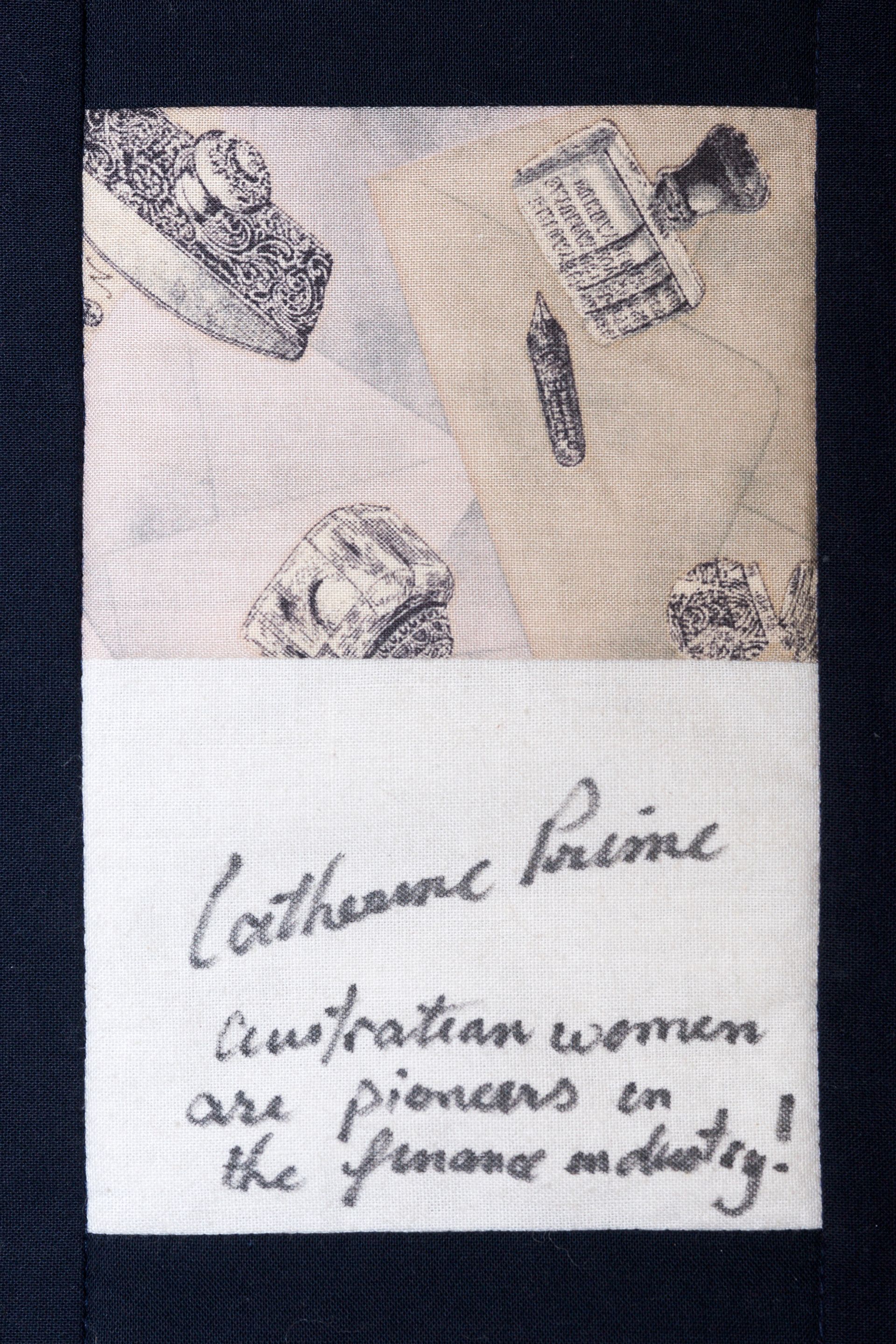 A fabric patch with sketched buildings and handwritten text reading “Cochrane Prairie is our prairie”