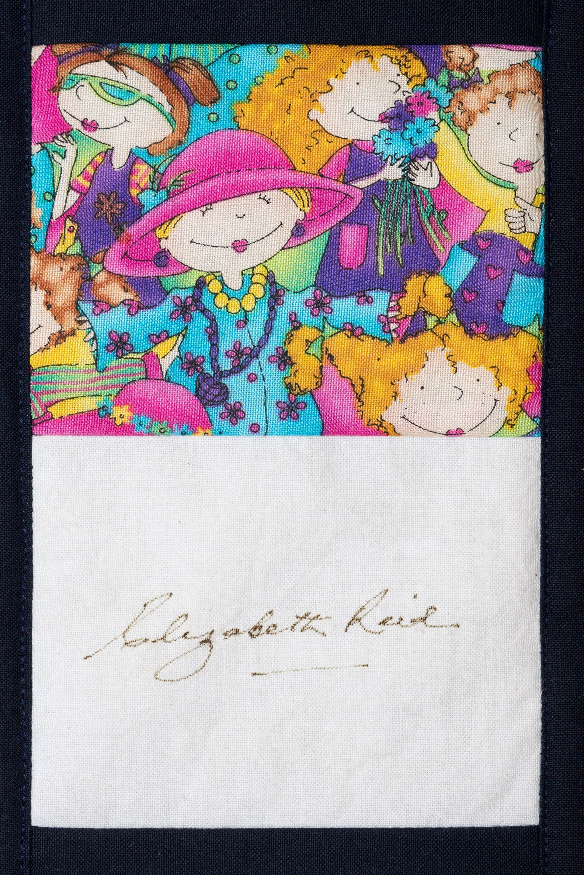 Colorful abstract illustration above a white area with a faint handwritten signature.
