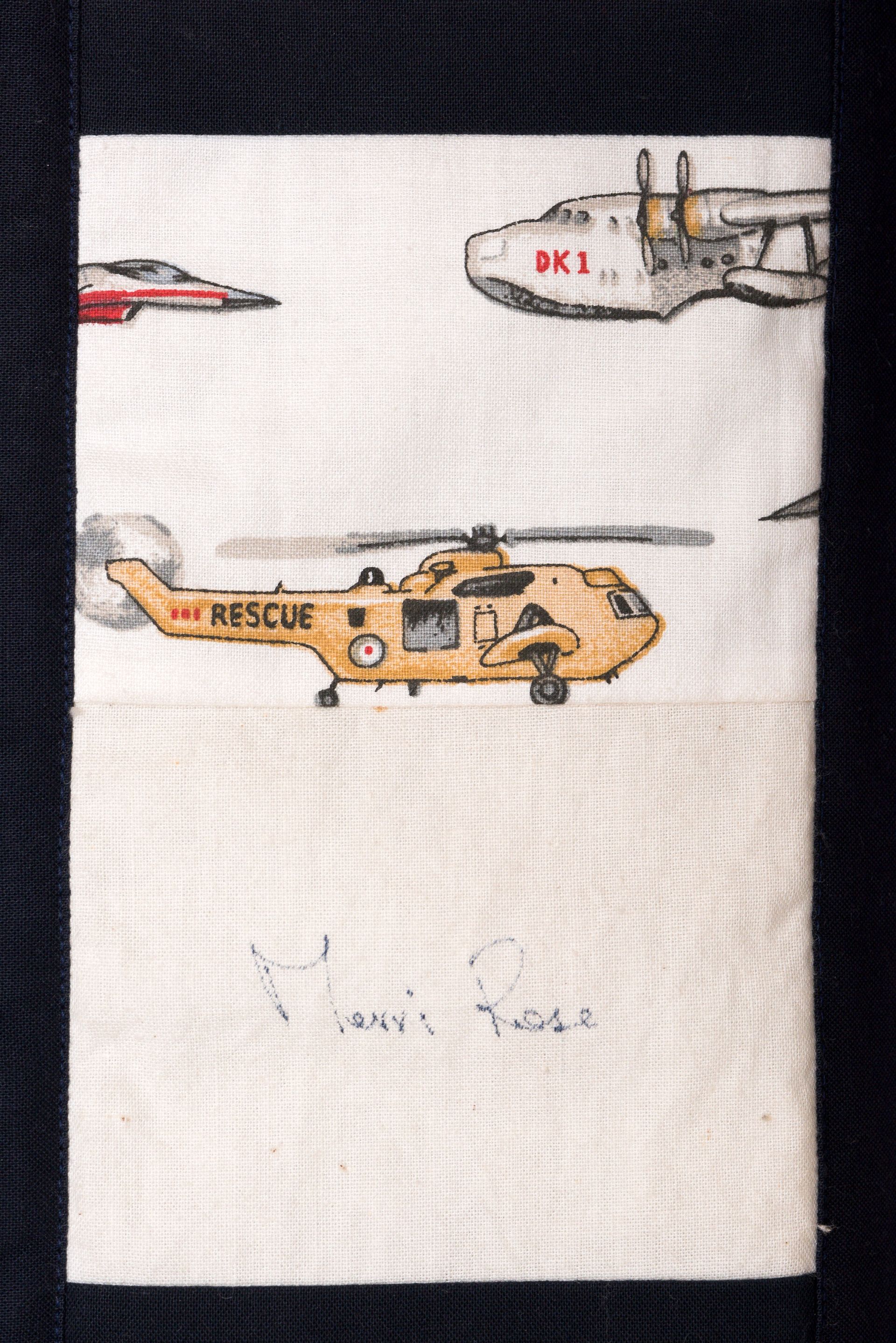 Hand-drawn military helicopters on white paper, including a tan rescue helicopter and a gray aircraft labeled “81.”