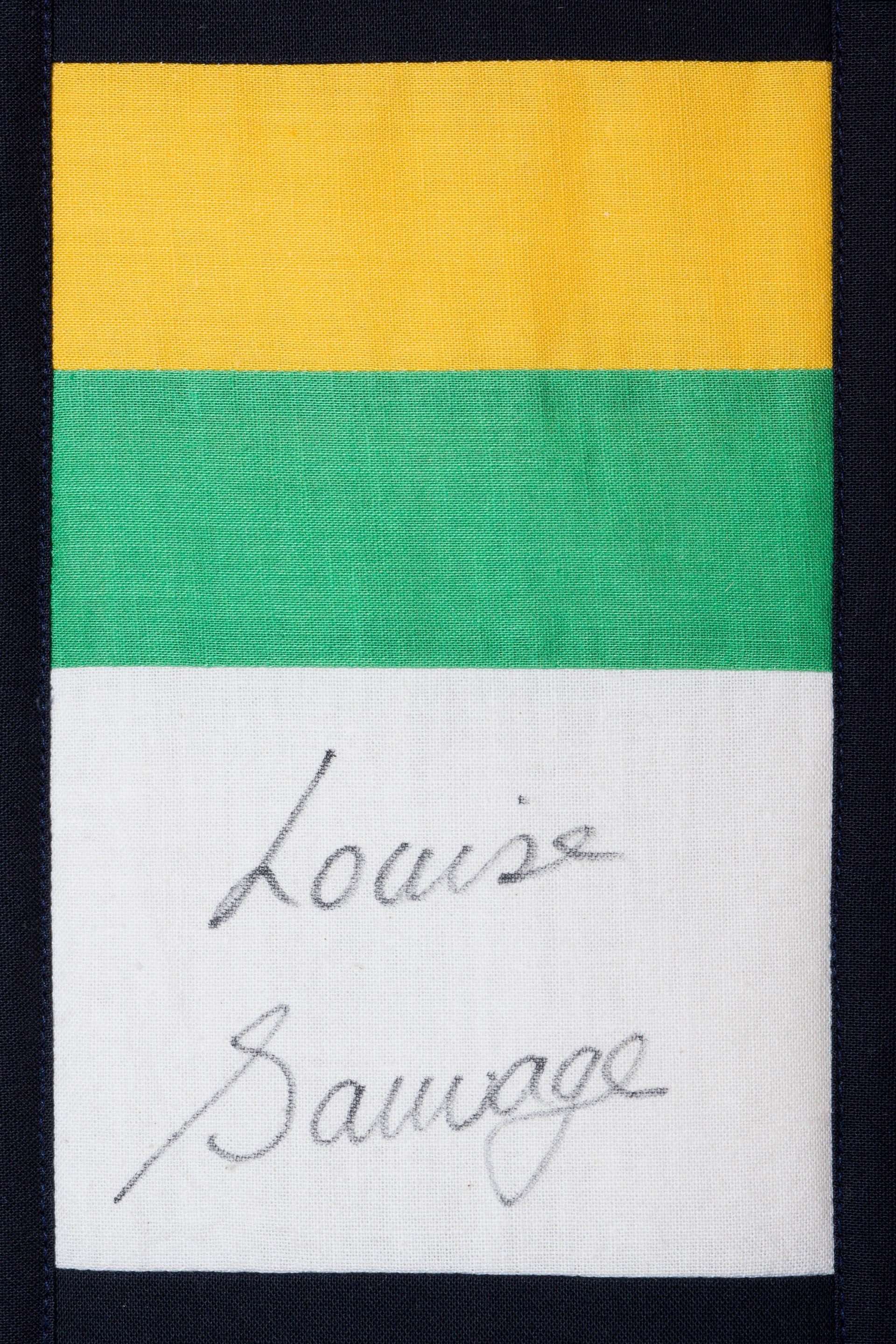 Yellow and green striped label with handwritten name “Louise Sauvage” on white bottom section