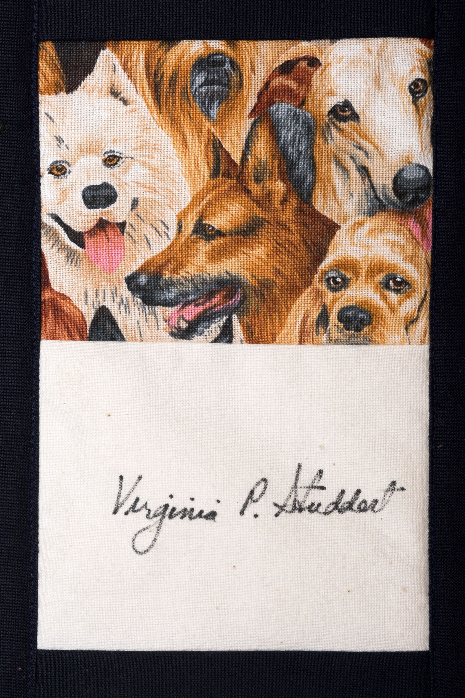 Dog portraits above a white panel signed “Virginia P. Stamford”