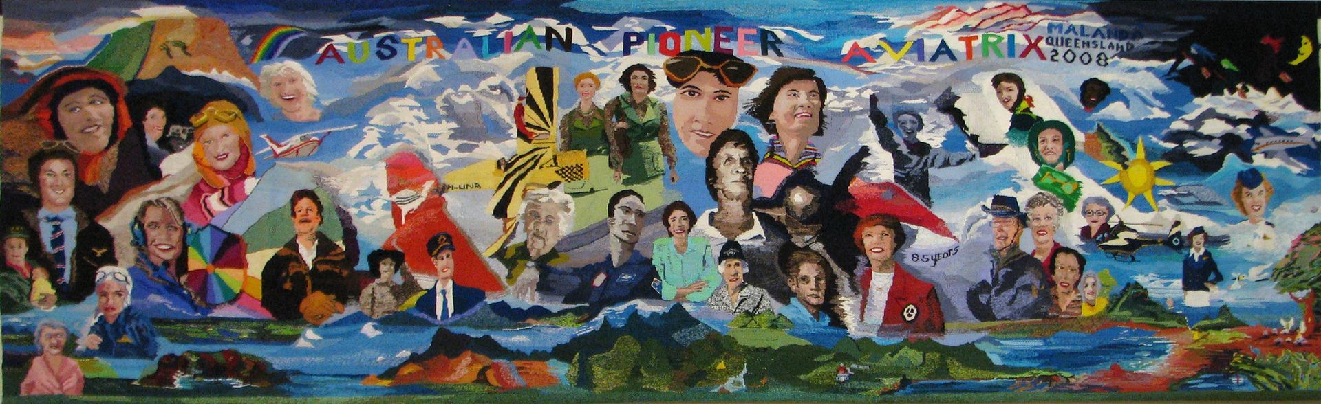 Colorful mural collage of many people and landscapes, including mountains, water, animals, and flags
