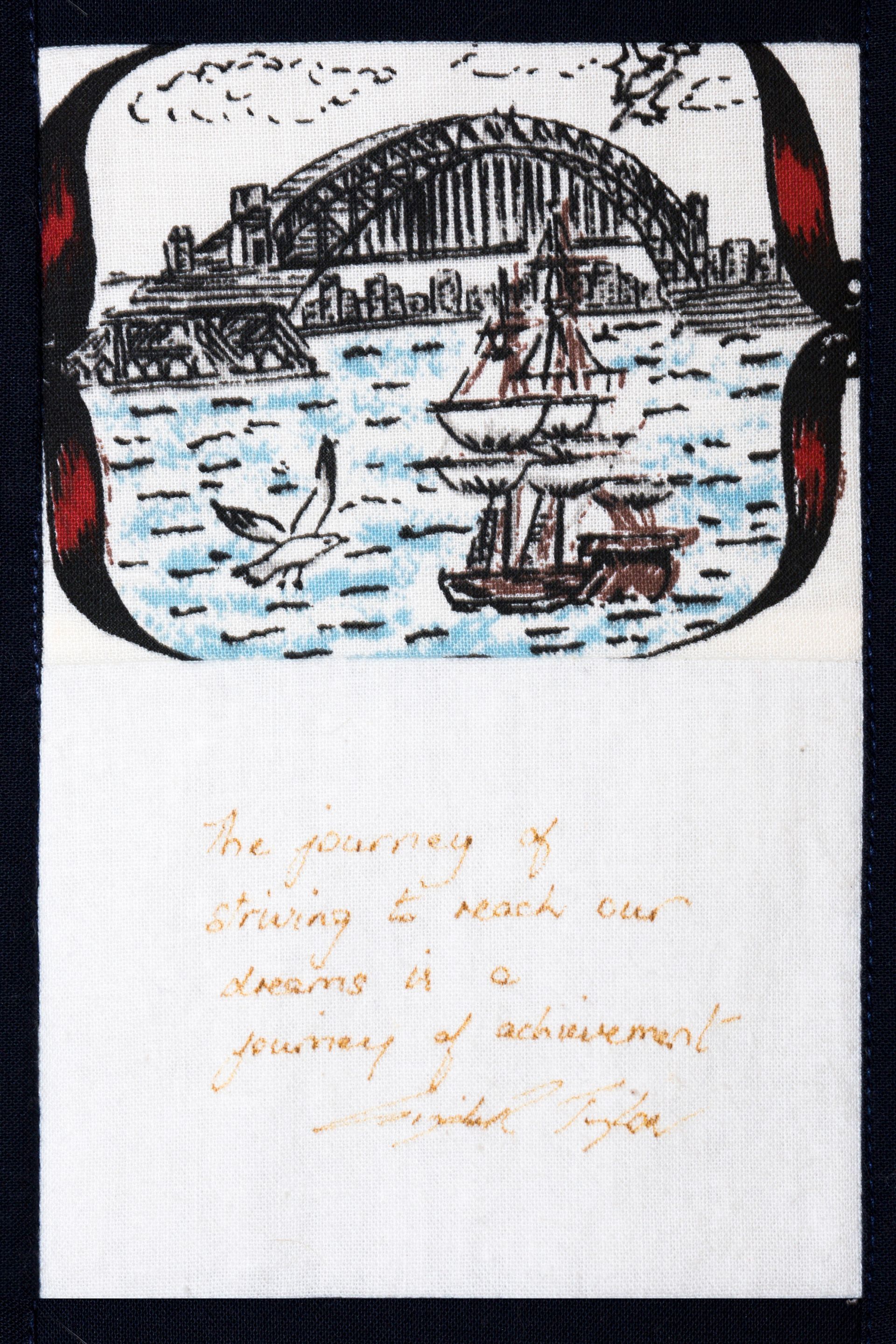 Hand-drawn harbor scene with bridge, sailboats, and cursive notes on white paper