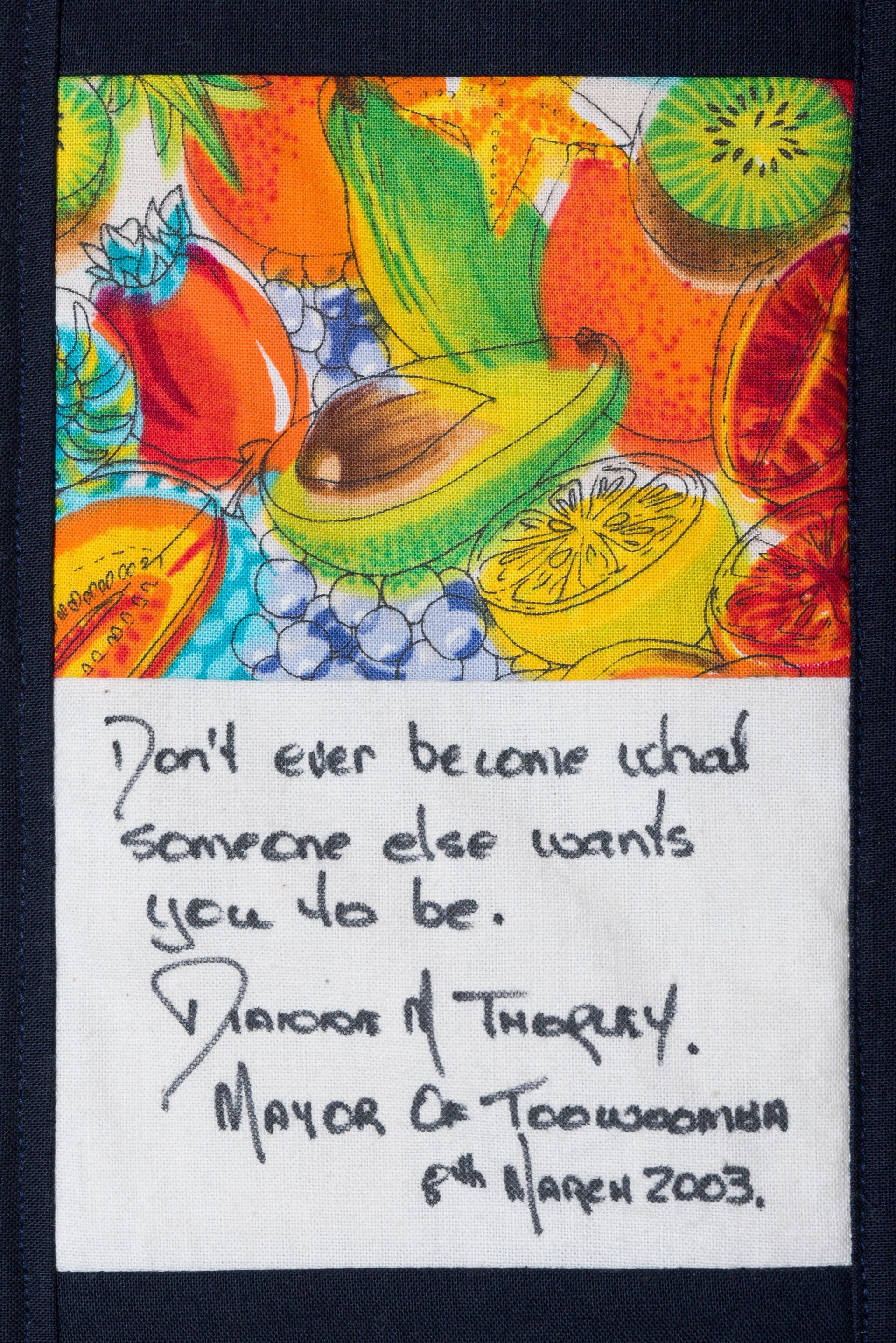 Colorful abstract painting above a handwritten inspirational quote signed and dated December 2003.