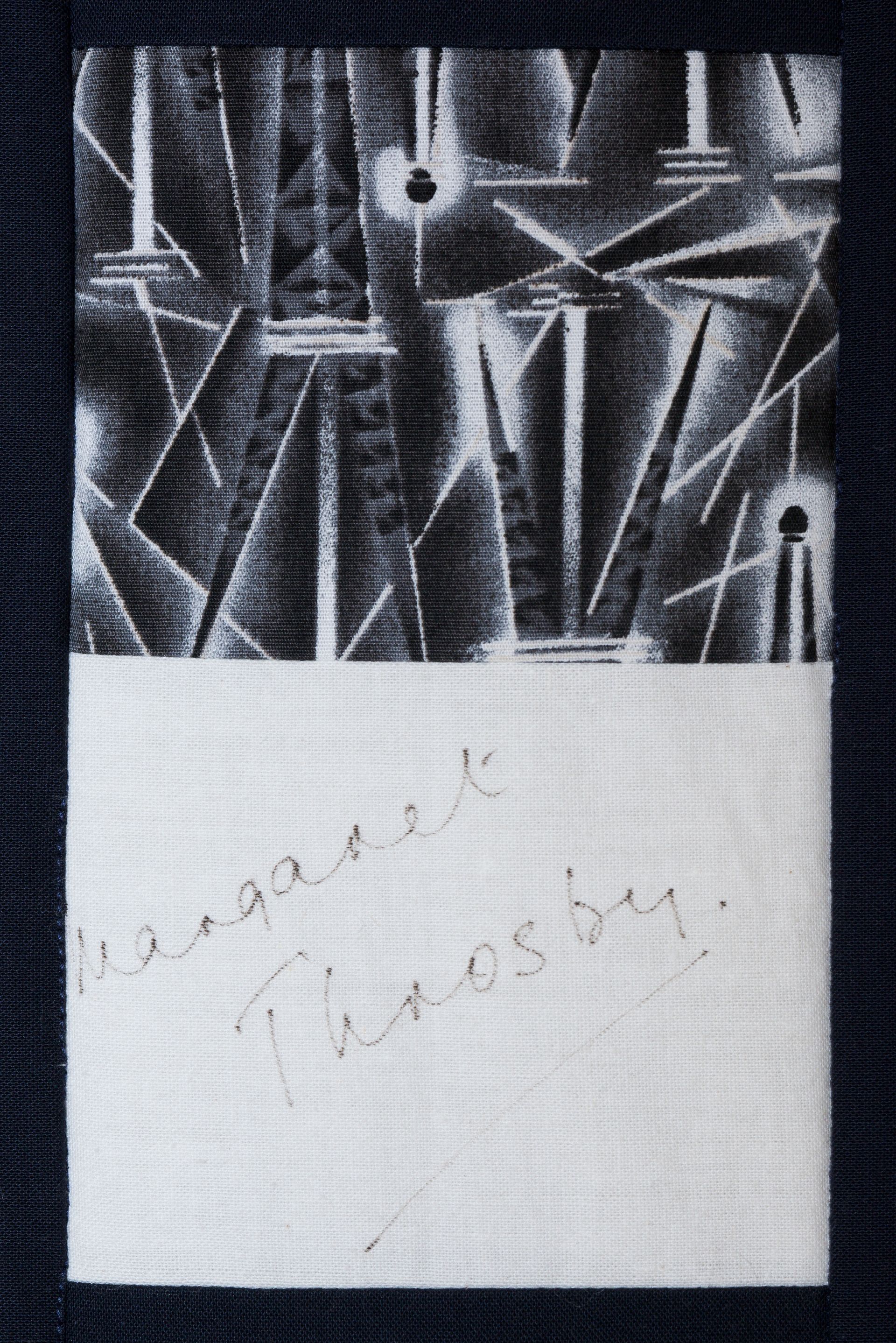 Black-and-white abstract geometric artwork above a white page with faint handwritten notes.