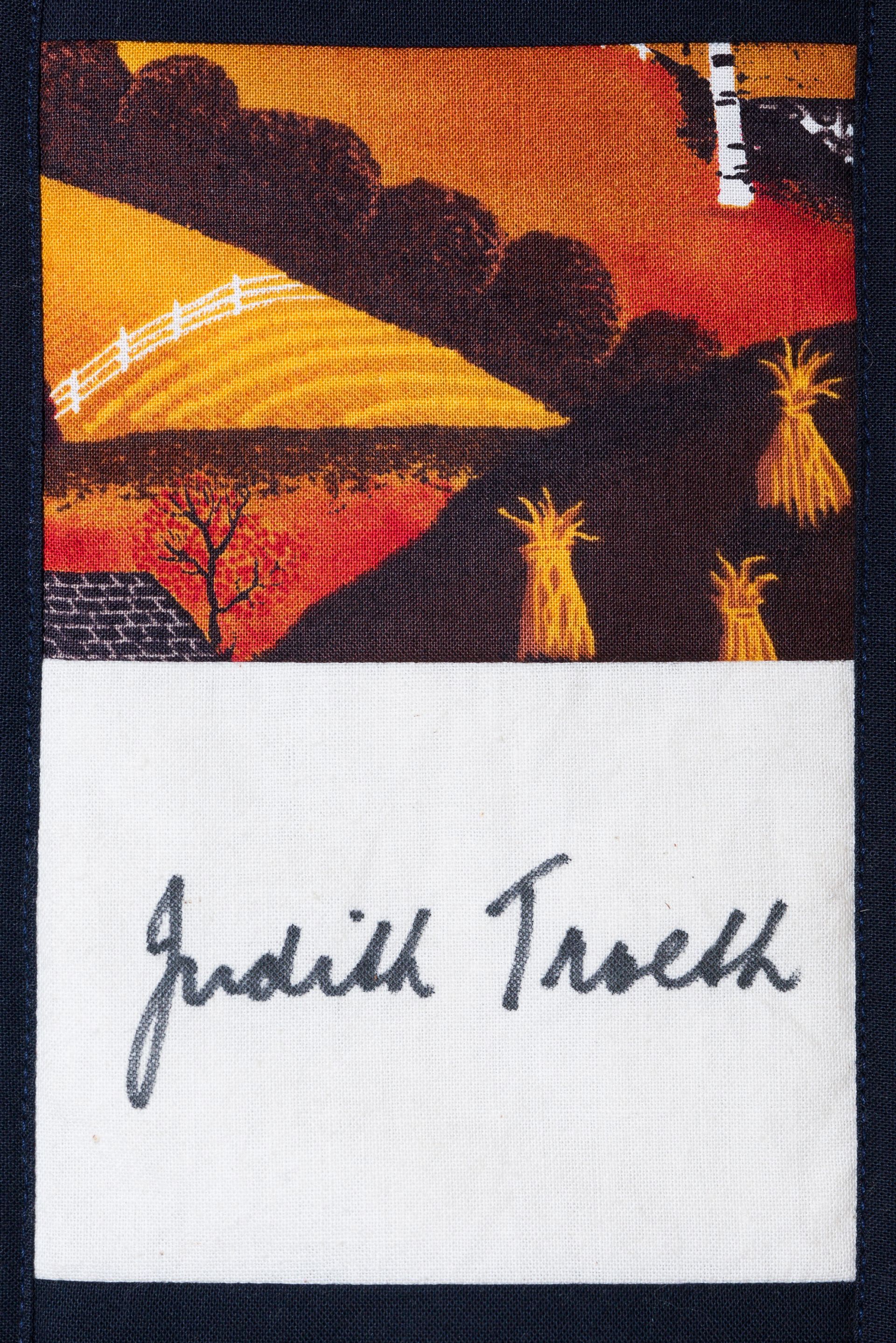 Handwritten signature beneath a colorful sunset landscape print