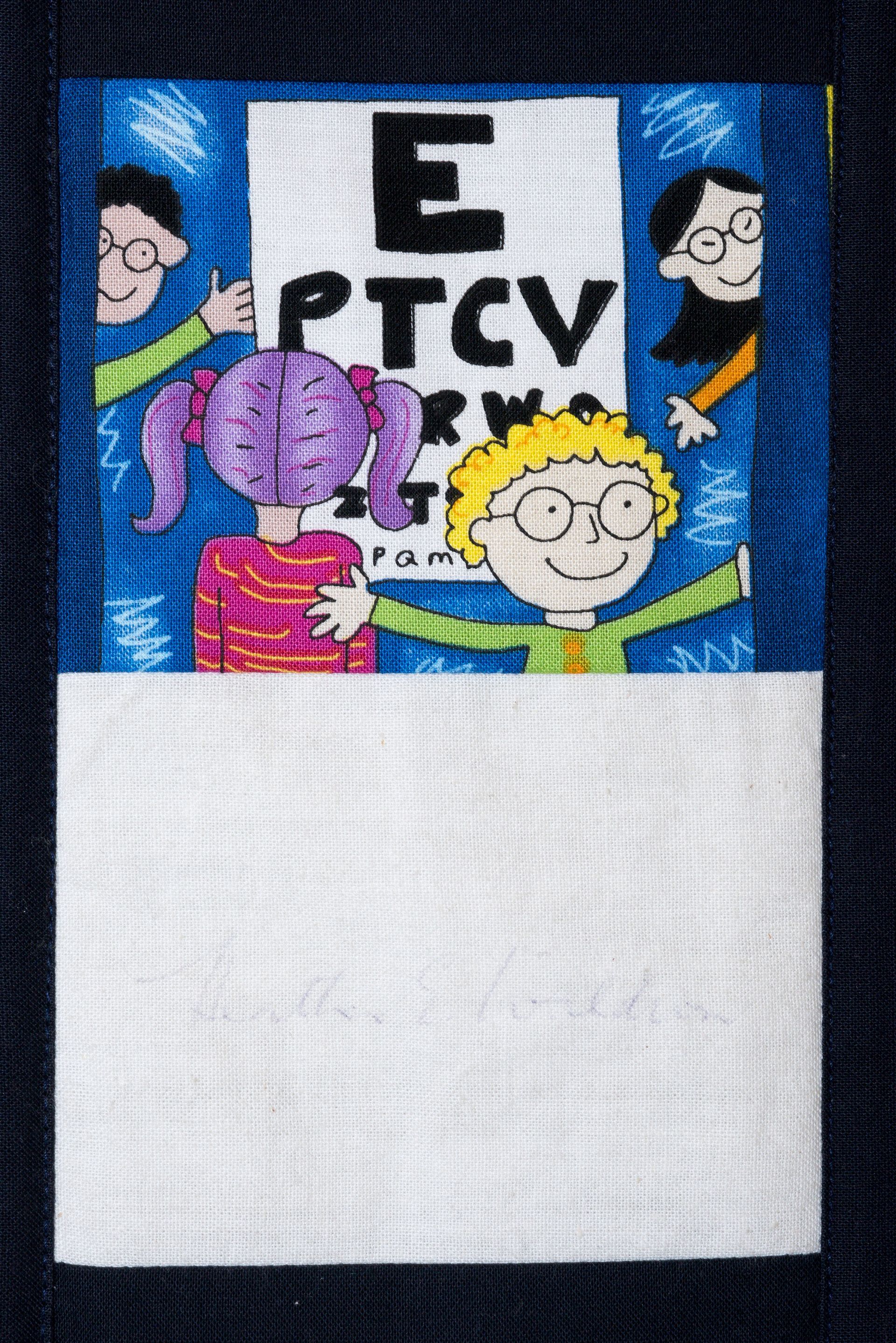 Colorful cartoon poster with “E PTCV” text and smiling characters on a blue background