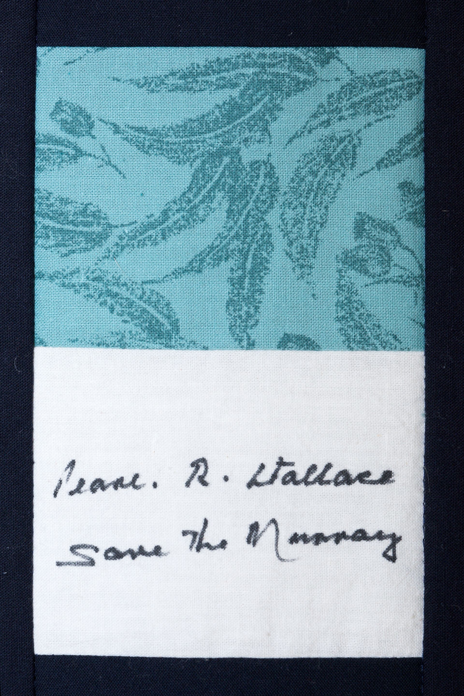 Signed fabric label with handwritten note: “Irene R. Wallace” and “Gone The Memory”