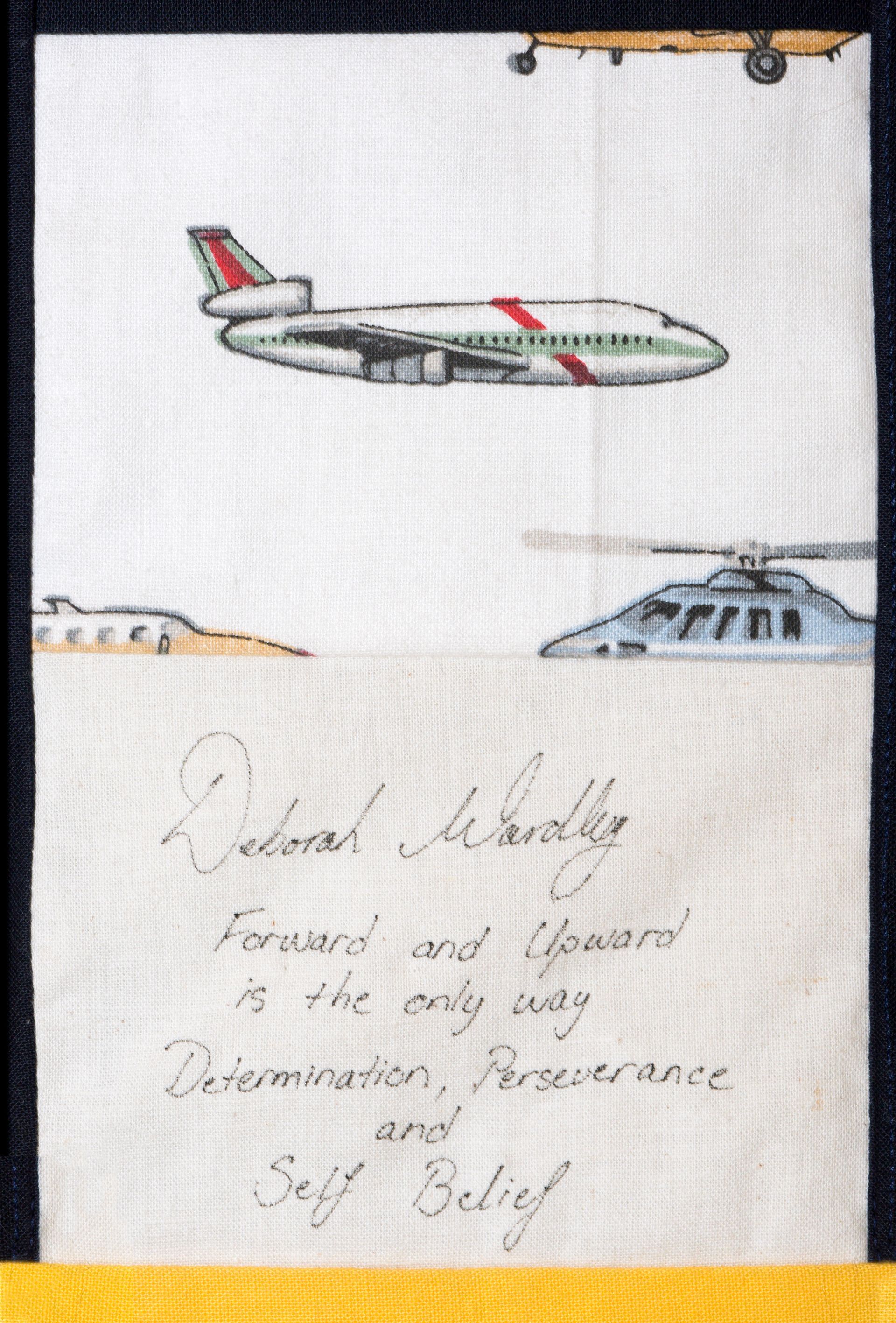 Hand-drawn airplane above handwritten note on lined paper, clipped at the top.