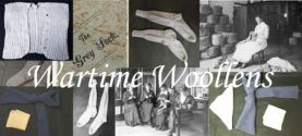 Collage of wartime woolens: socks, gloves, knitwear, and black-and-white photos with “Wartime Woolens” text