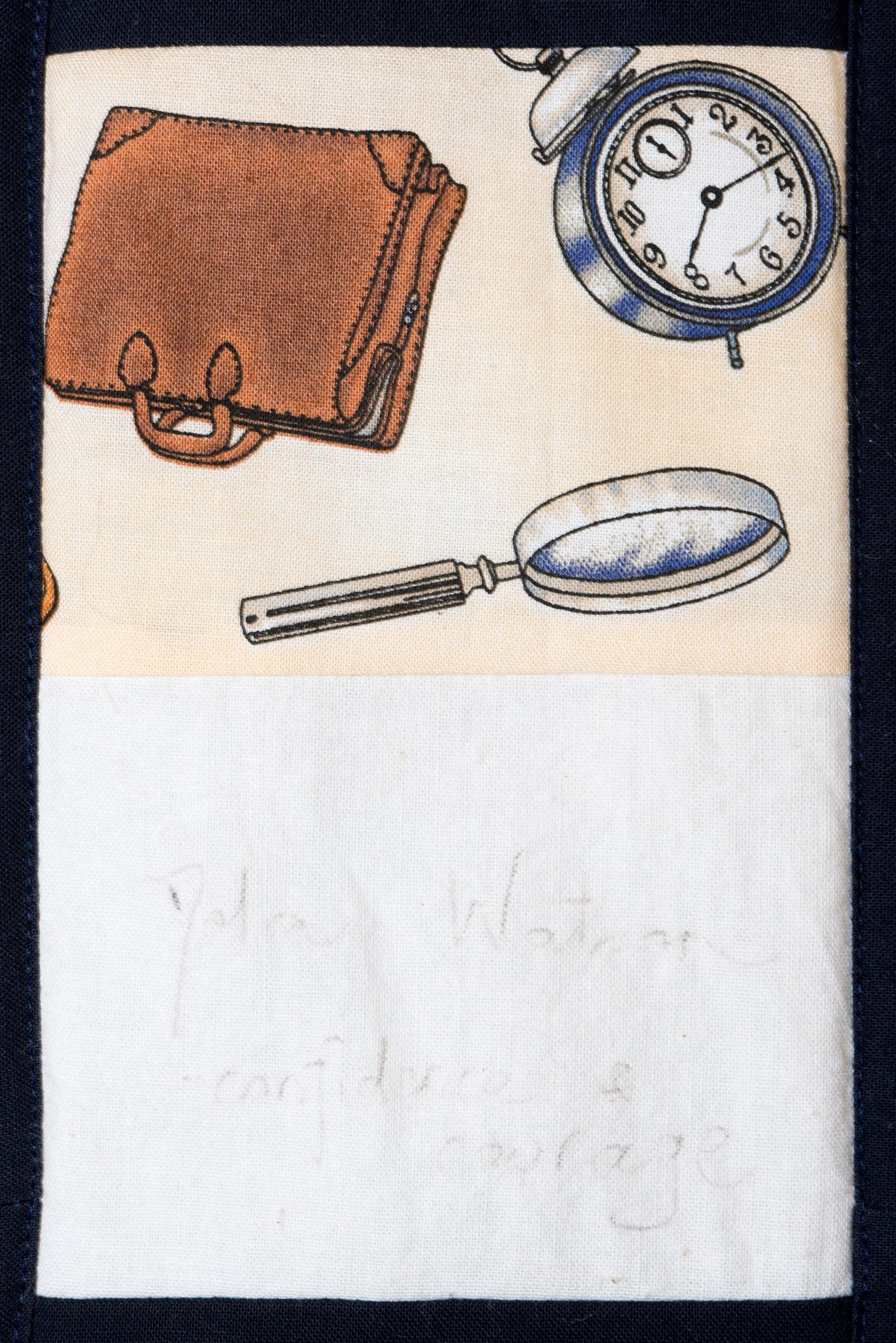 Brown briefcase, blue-rimmed clock, and magnifying glass on a blank white background.
