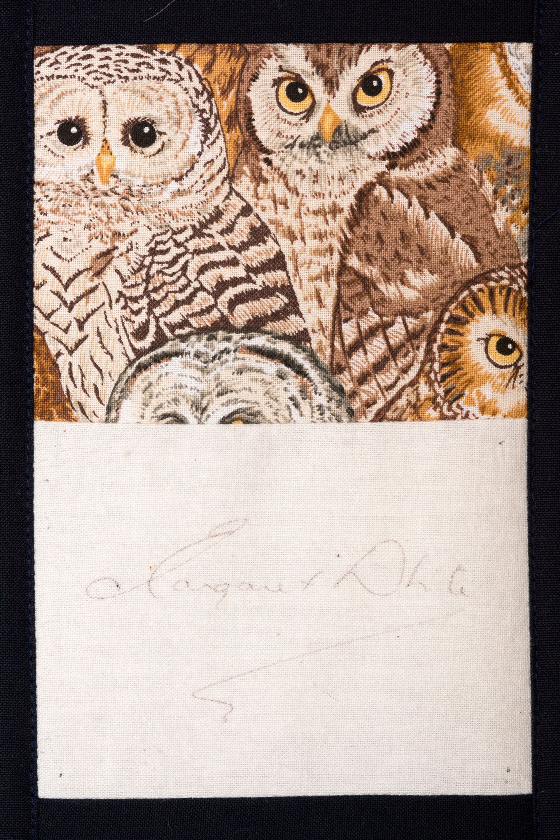 Three owls illustrated above a blank white rectangle on textured paper.
