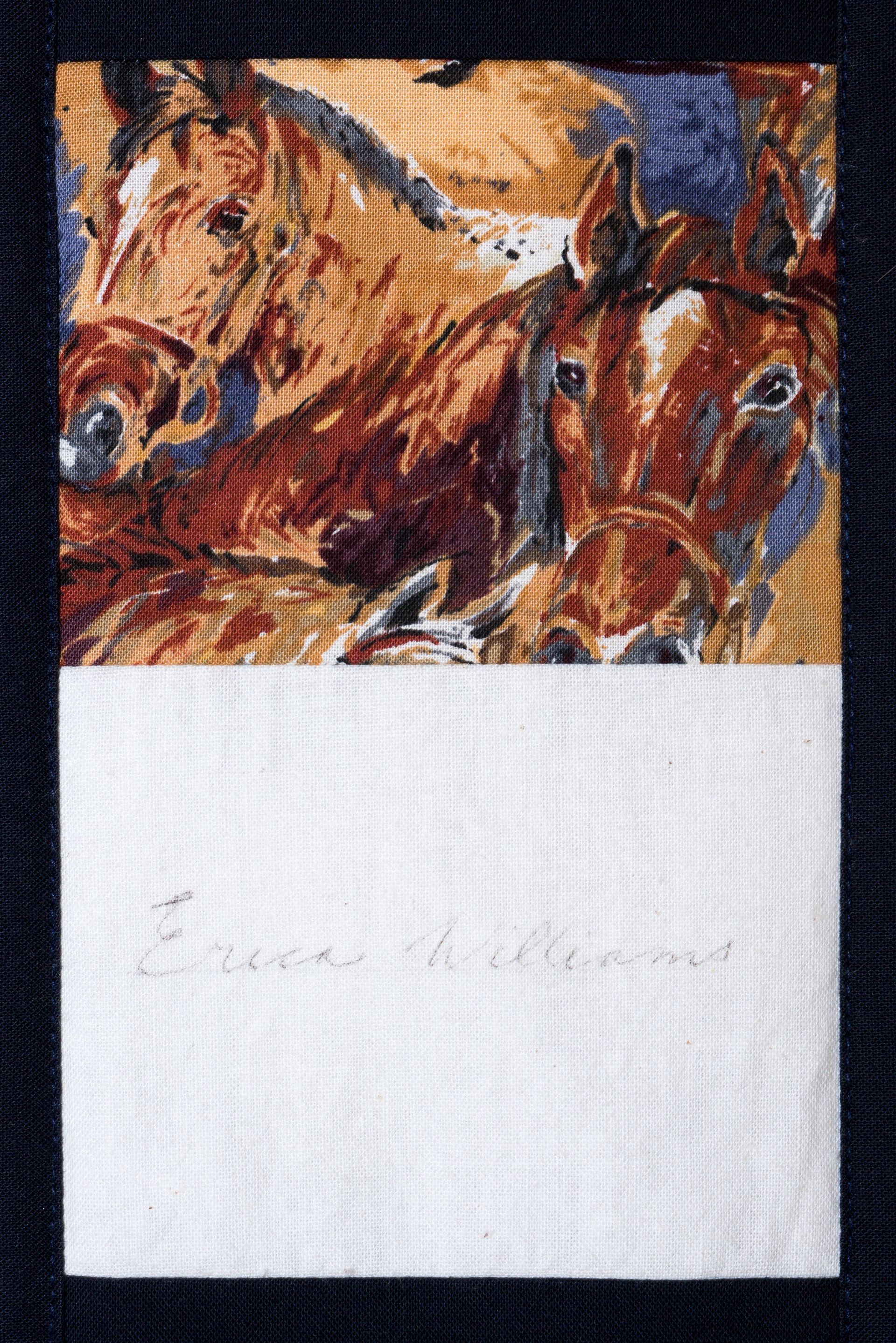 Two painted brown horses at the top, with a blank white sheet below on a dark background