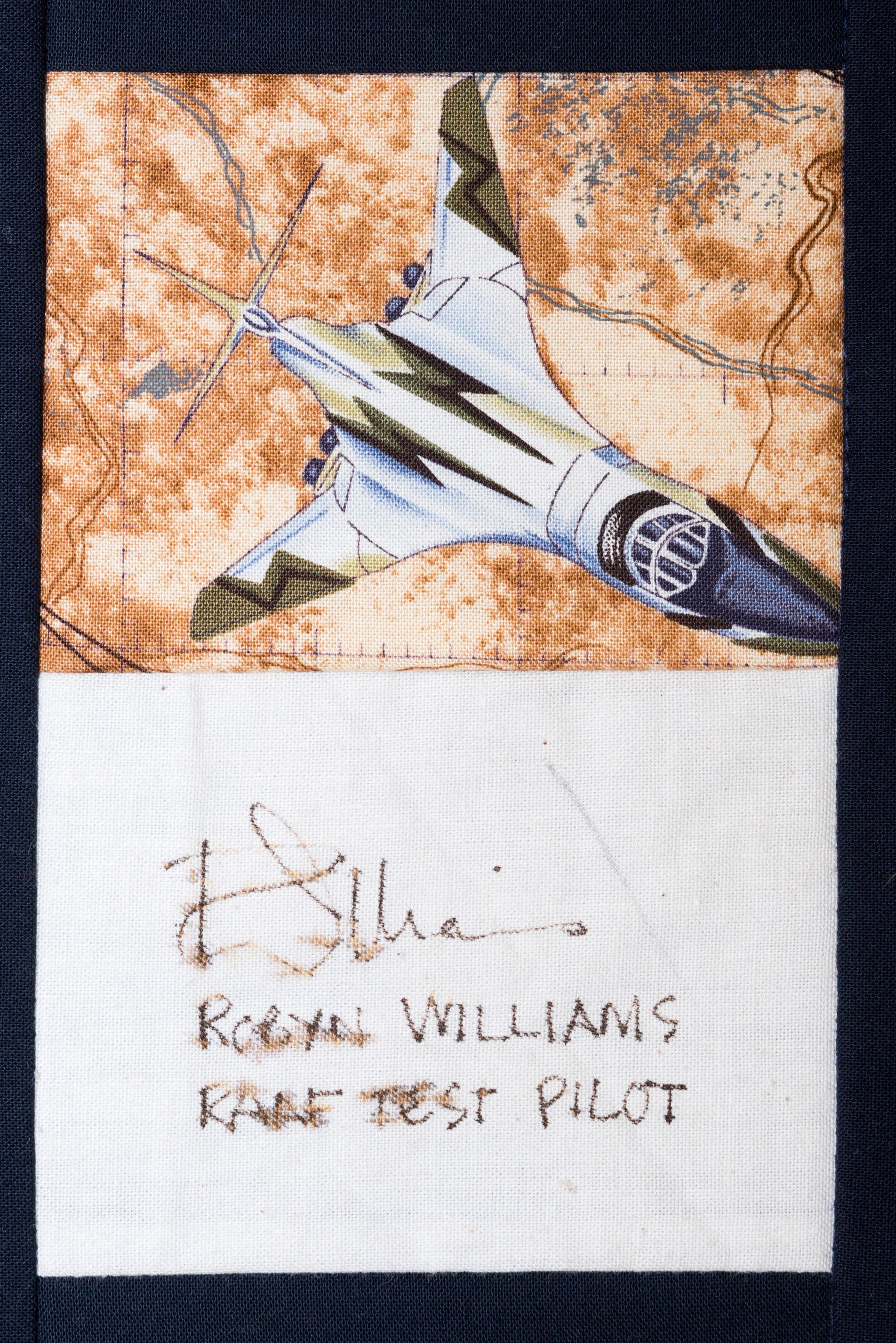 White jet illustration on an orange background with handwritten text reading “K... Williams, Navy Test Pilot.”