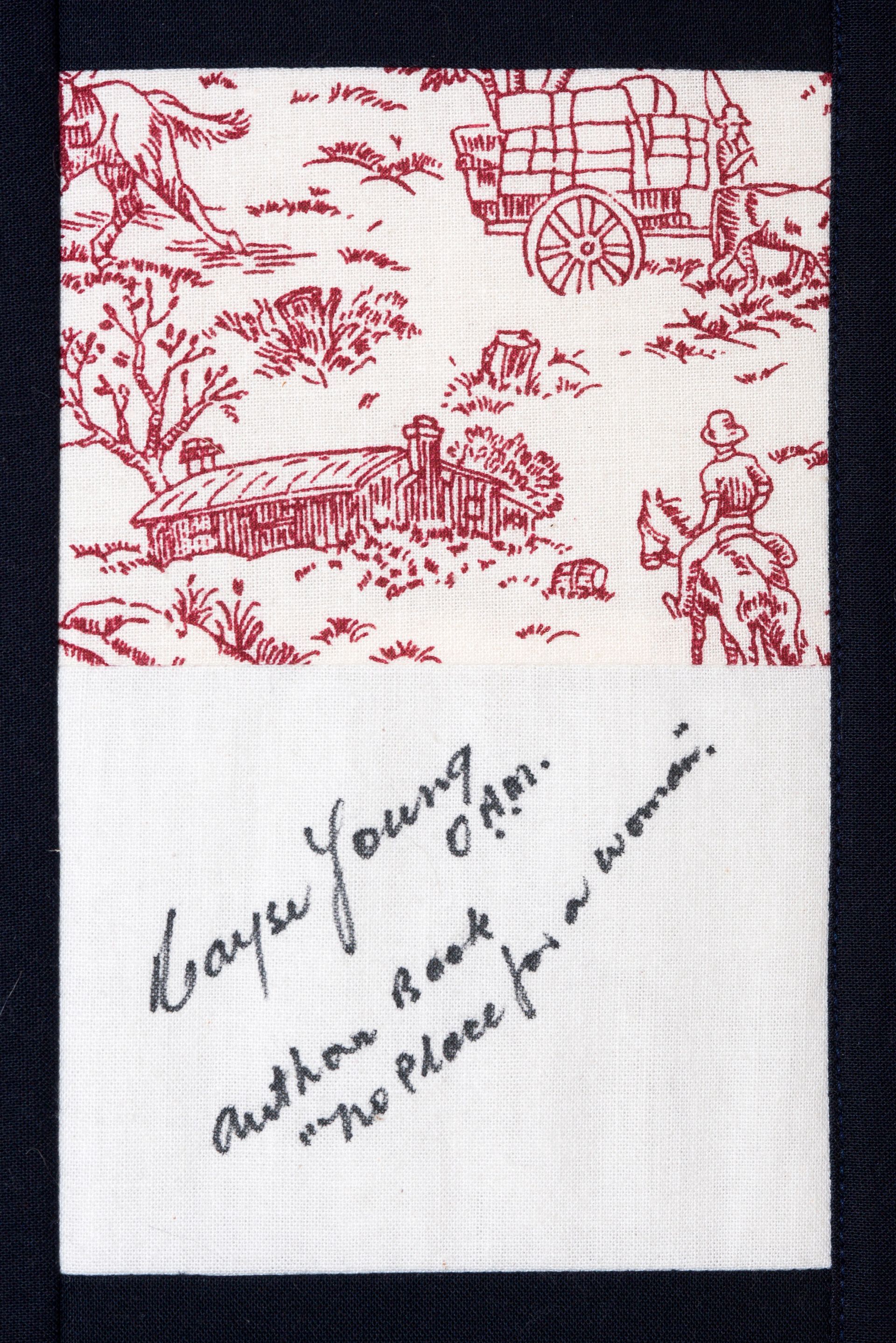 Handwritten note on white cloth beneath a red pastoral print, asking for a young woman’s autograph.