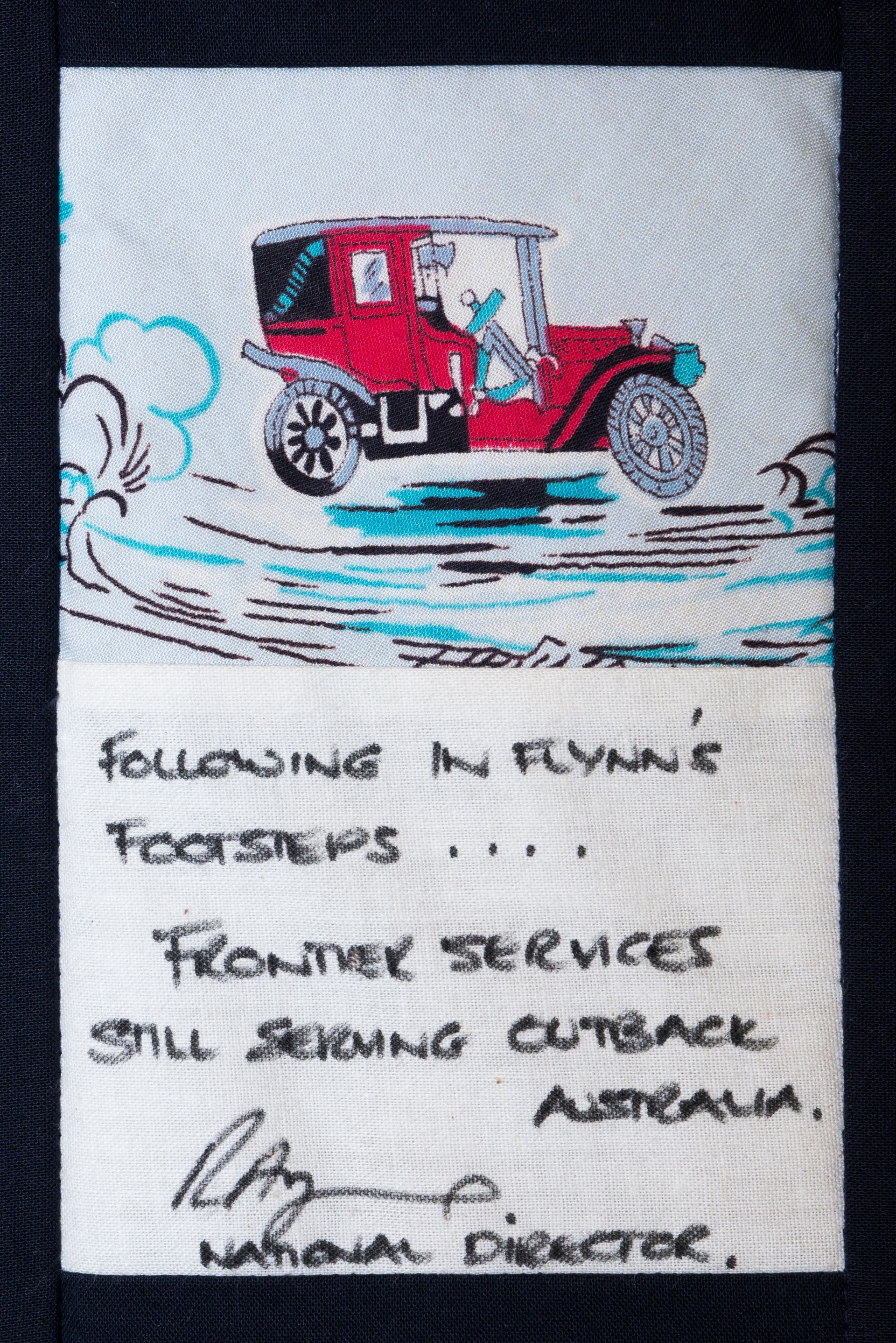 Vintage red car illustration with handwritten note about front-end services still running.