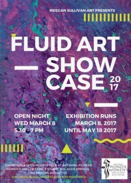 Fluid art show case 2017 poster with purple abstract background and event dates.