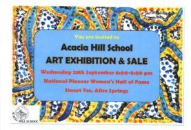 Acacia Hill School art exhibition and sale poster with colorful abstract border, inviting visitors to a fundraiser.