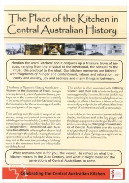 Poster titled “The Place of the Kitchen in Central Australian History” with beige text panels and red footer banner.