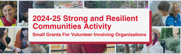 2024-25 Strong and Resilient Communities Activity banner with red text over a collage of volunteers