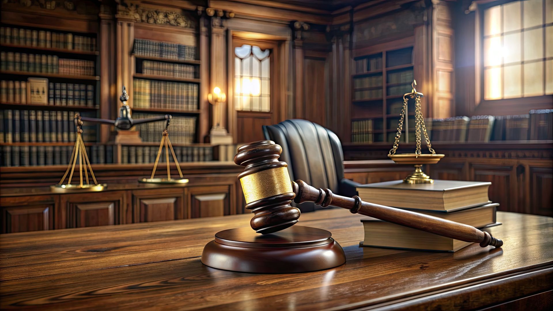 A judge 's gavel is sitting on a wooden table in a courtroom.