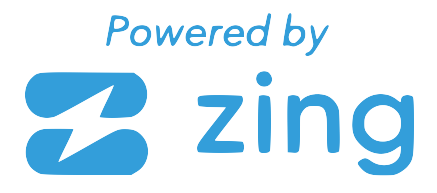 A blue logo that says powered by zing