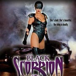 Movie poster for Black Scorpion, showing a woman in a black superhero suit beside a car with smoky background.