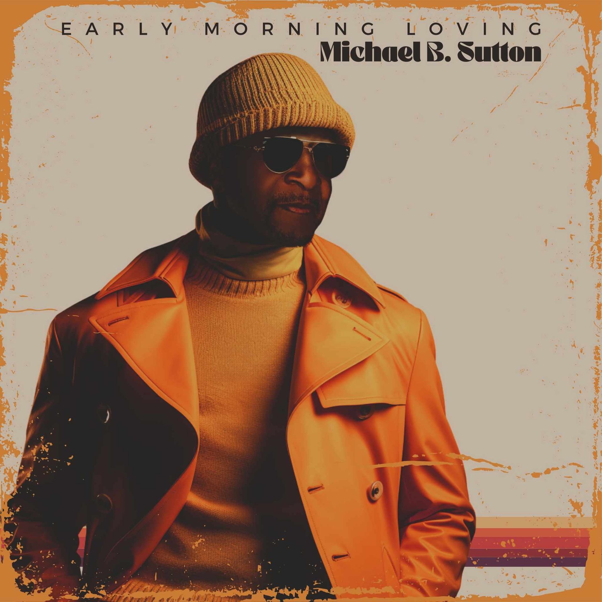 Album cover featuring a man in an orange jacket, turtleneck, and beanie with sunglasses against a beige background.