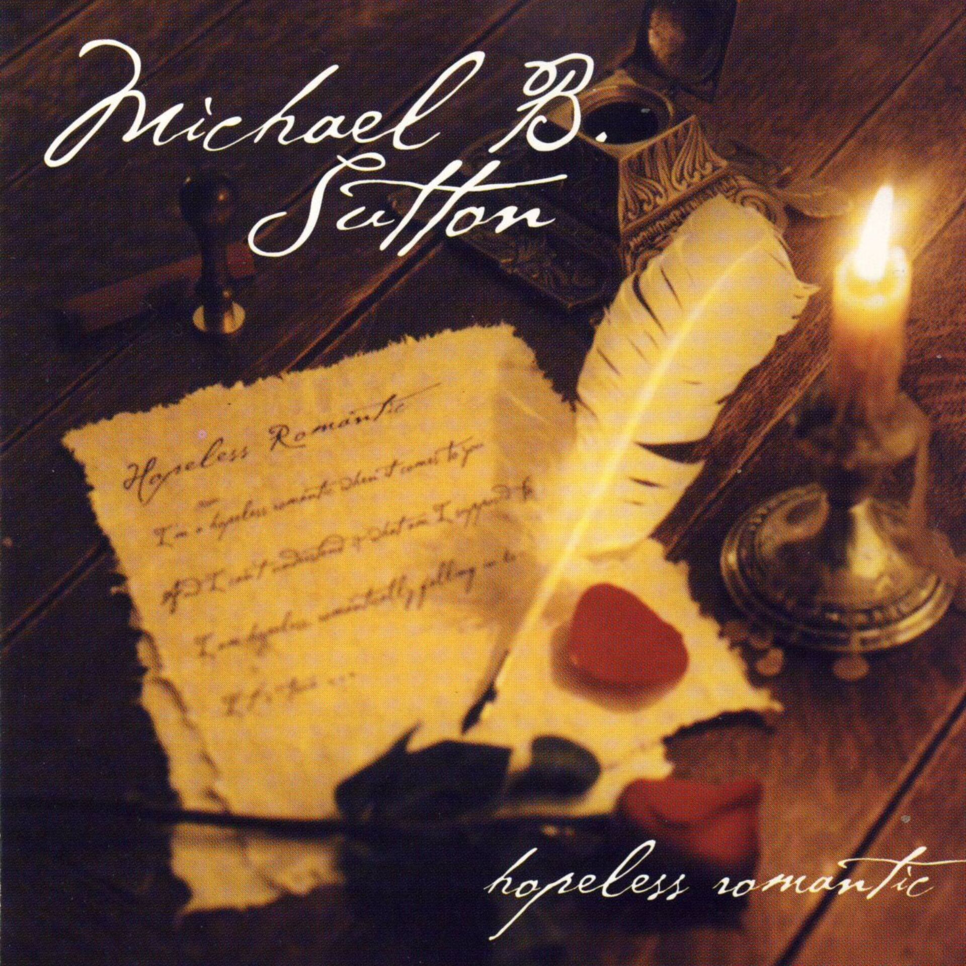Album cover with a candle, feather quill, handwritten note, and seal on a dark wooden desk