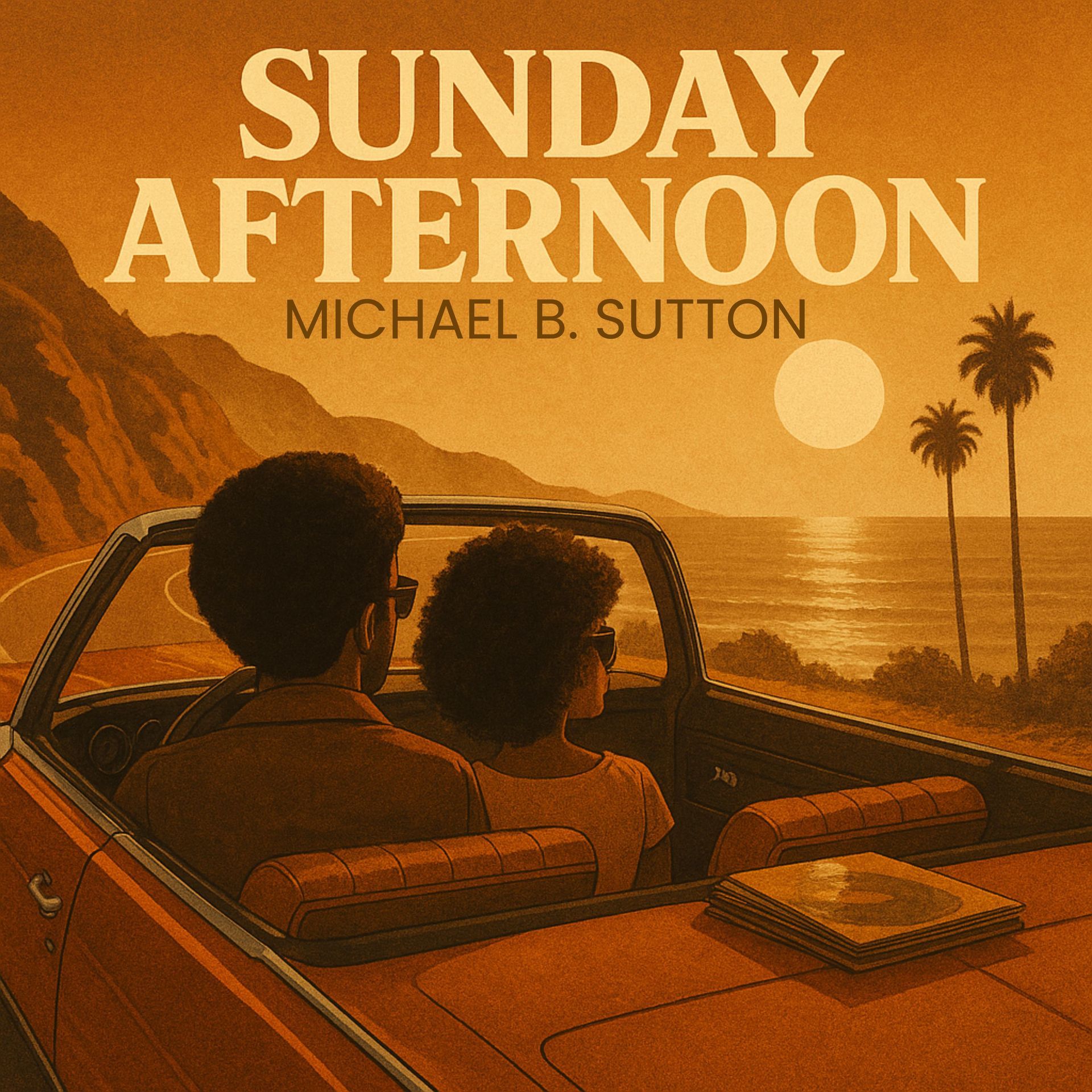 Two people in a car at sunset by the coast, with “Sunday Afternoon” text over an orange retro scene.