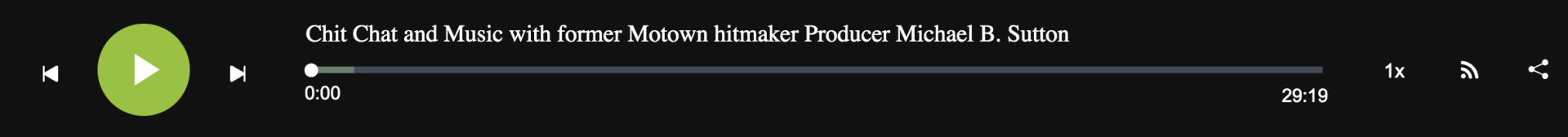 Black audio player bar with green play button and progress slider.