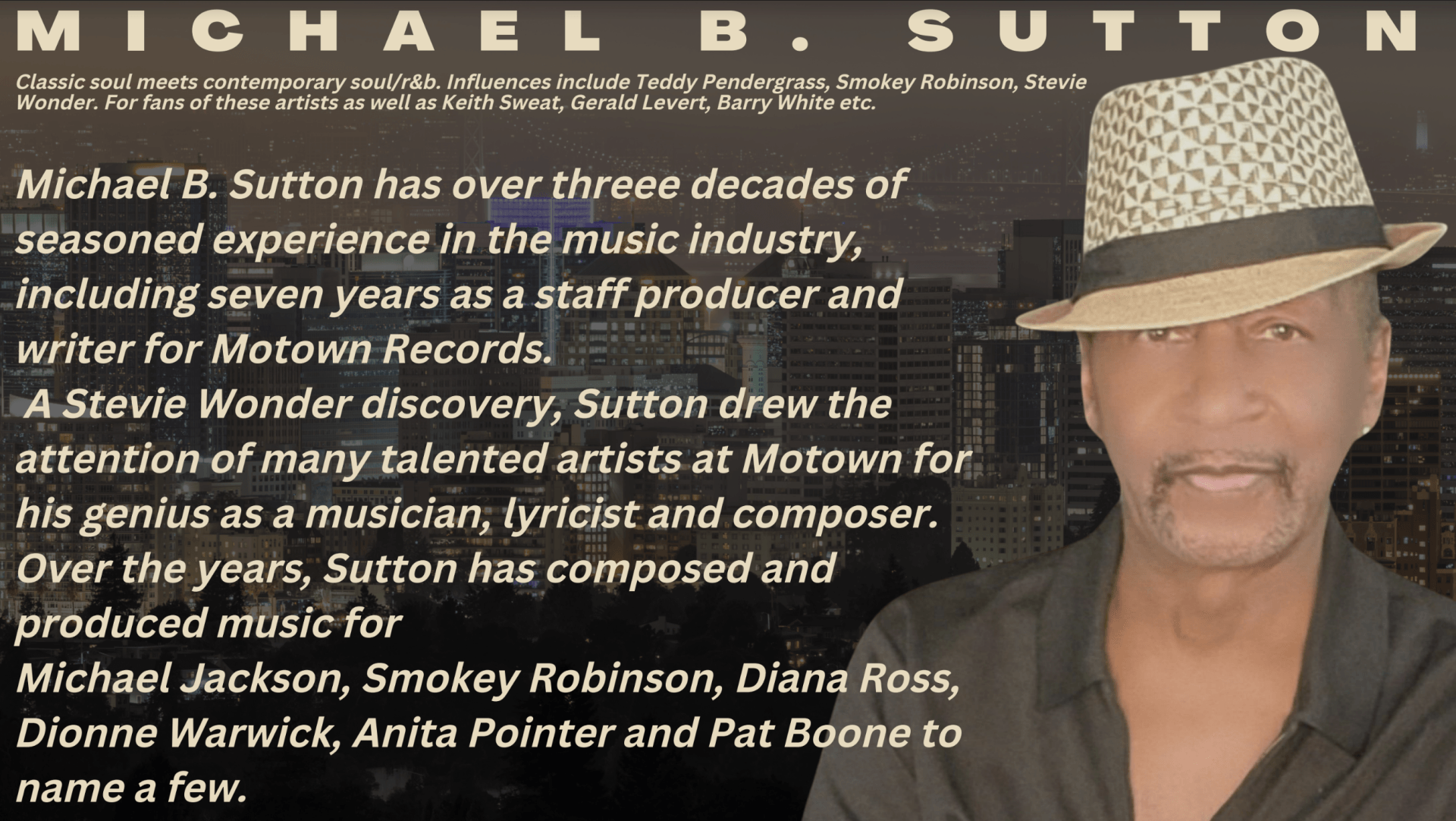 Michael B. Sutton tribute graphic with photo, hat, and text about his music-industry career