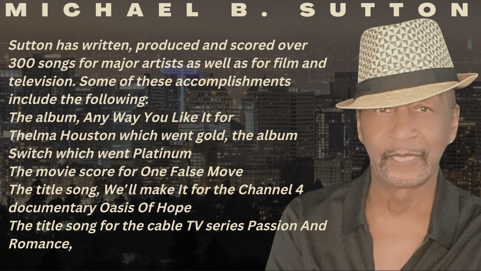 Michael B. Sutton promotional poster with portrait, hat, and text listing music and TV achievements