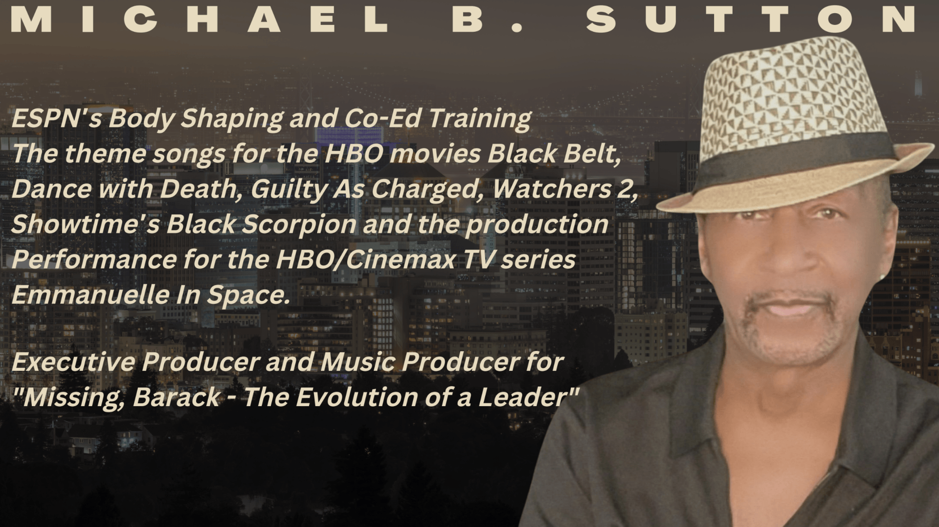 Michael B. Sutton promotional graphic with portrait and text about TV theme songs and music production