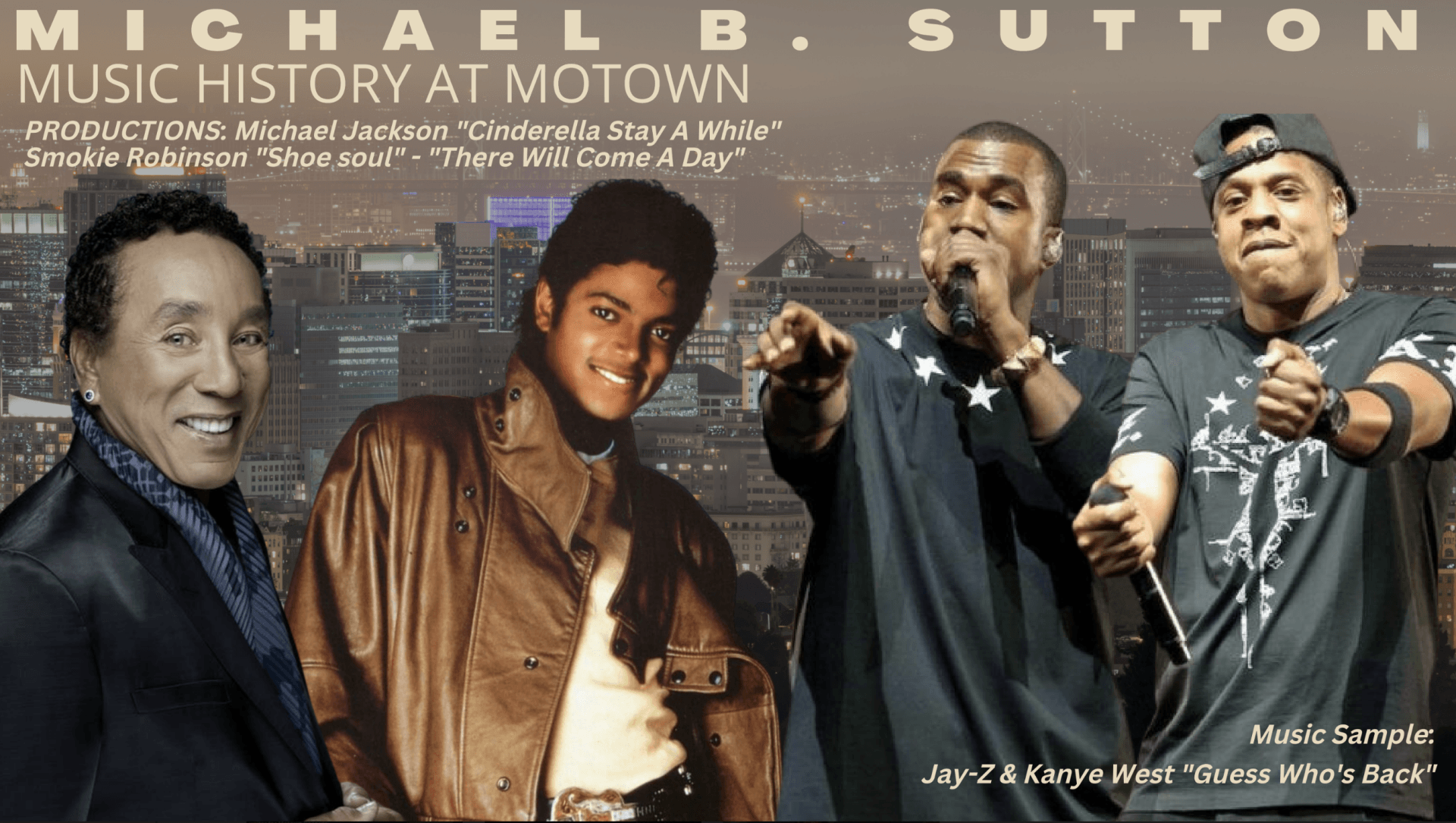 Michael Sutton poster for Music History at Motown featuring four performers against a dark background.