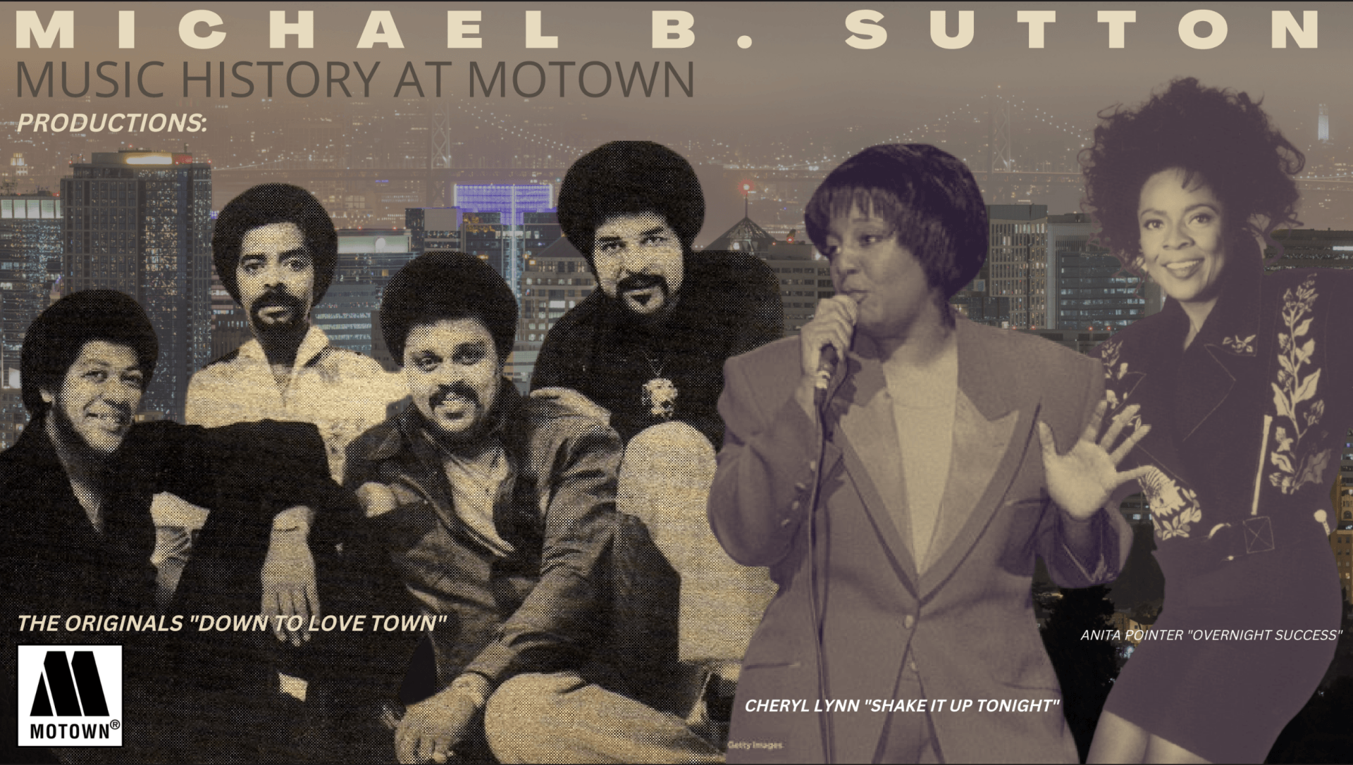 Album cover for Michael B. Sutton’s “Music History & Motown” featuring a collage of performers and portraits