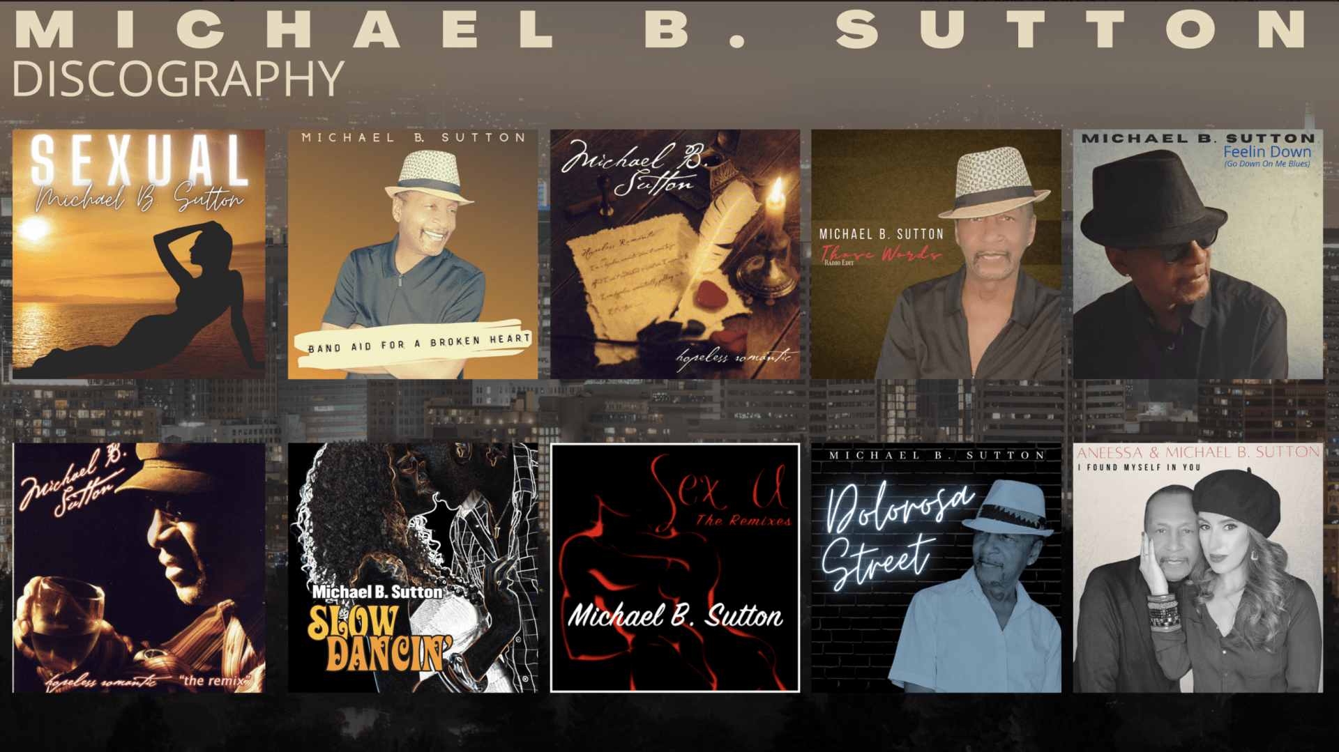 Album cover collage for Michael B. Sutton discography, with multiple cover images in a grid.