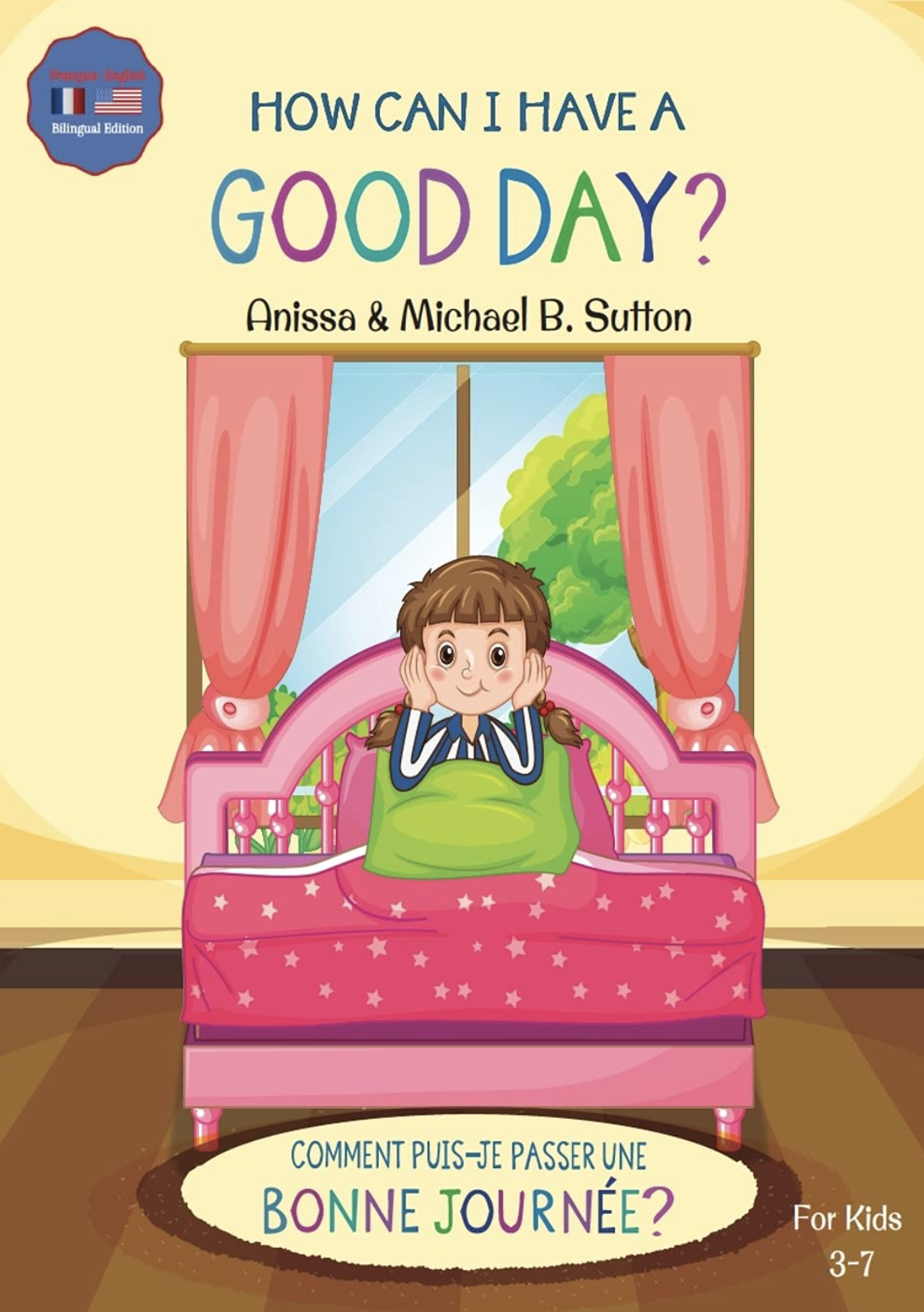 Child sitting on a pink bed, holding head, with title “How Can I Have a Good Day?”