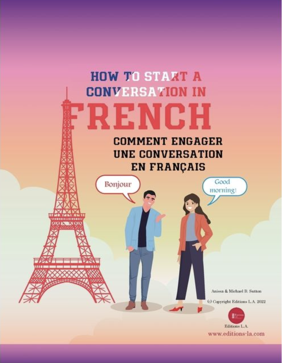 Poster about starting a conversation in French, with Eiffel Tower, two people, and speech bubbles on a pink sky background