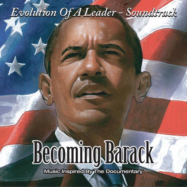 Album cover featuring a man in front of an American flag with the title “Becoming Barack.”