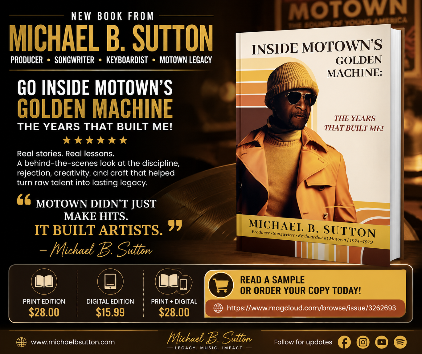 Book cover ad for Michael B. Sutton’s “Inside Motown’s Golden Machine,” with gold and black design and portrait.