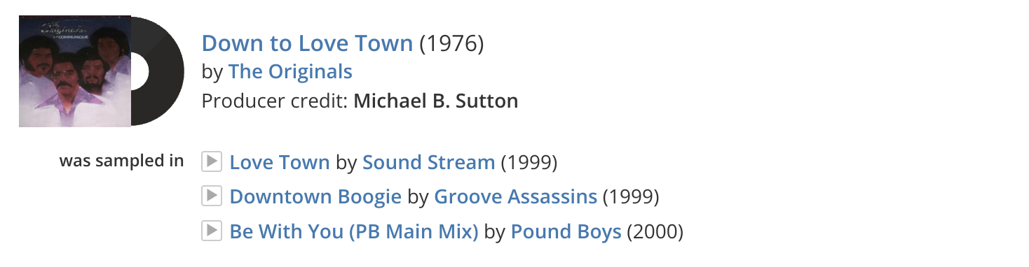 Search result showing a vinyl record with a dark cover and several related song links.