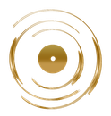 Gold circular abstract logo with concentric swirls around a central dot on a white background