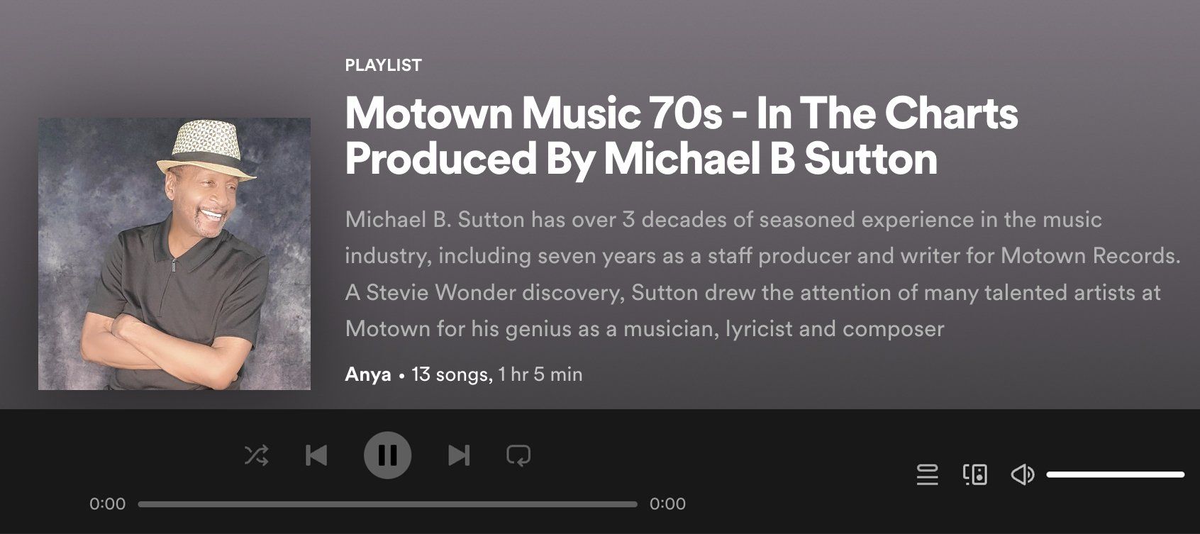 Podcast player for “Motown Music 70s - In The Charts Produced By Michael B Sutton,” with host photo and playback controls