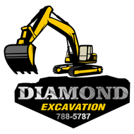 A yellow excavator sits atop a black diamond-shaped logo reading