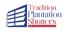 Tradition Plantation Shutters and Window Design logo in blue and red