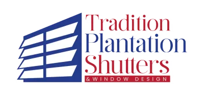 Tradition Plantation Shutters and Window Design logo in blue and red