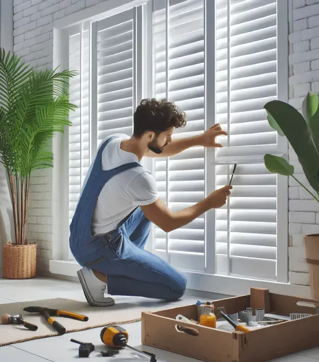 Worker adjusting white window shutters in a bright room with tools and a toolbox on the floor