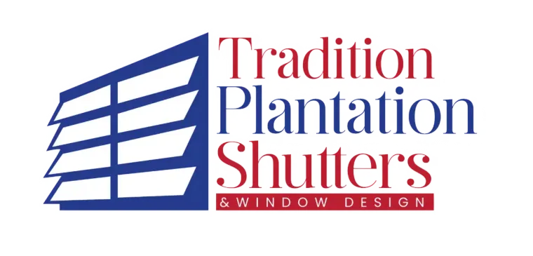 Tradition Plantation Shutters logo with blue shutter icon and red text