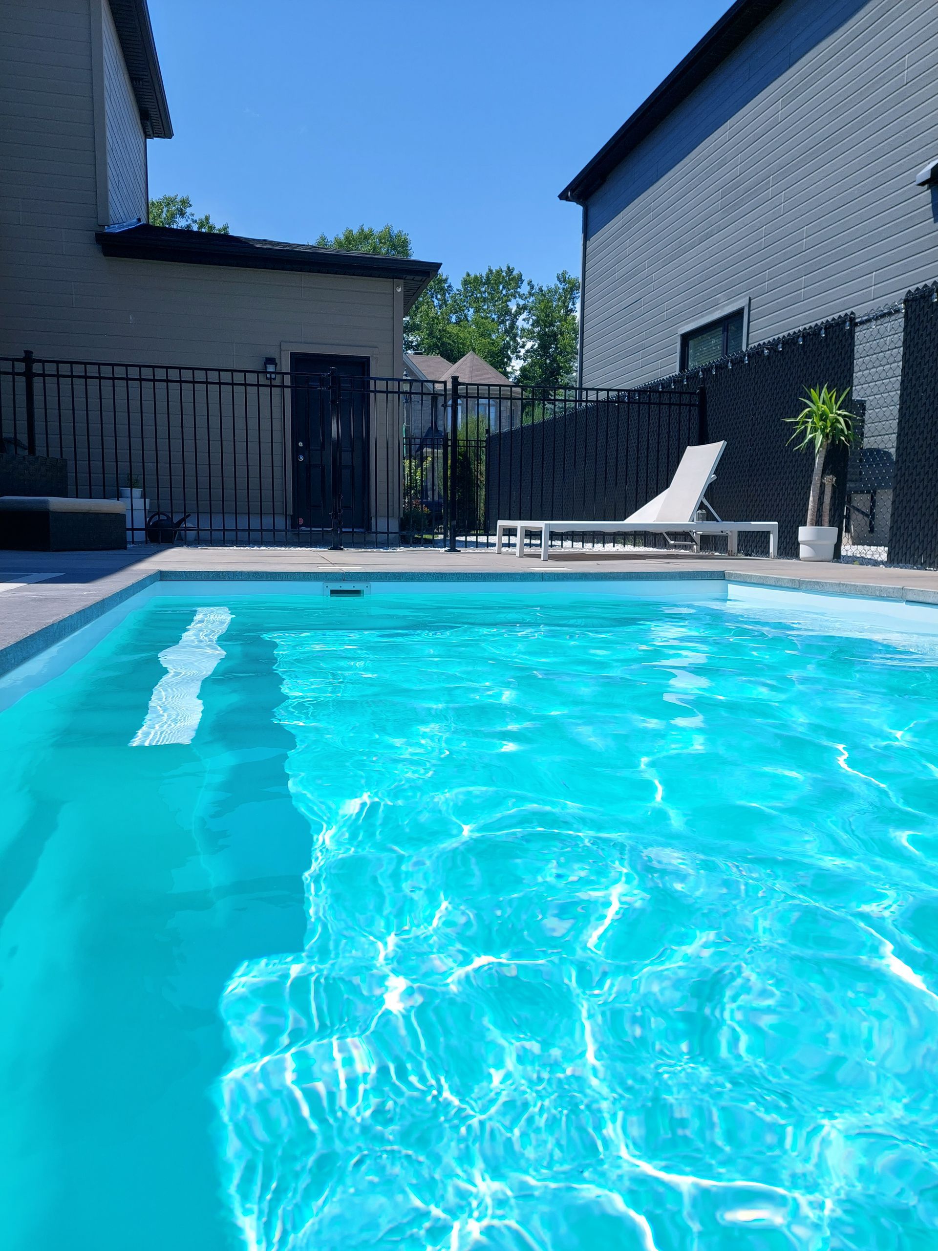 Une piscine d'un bleu éclatant dans un jardin par une journée ensoleillée, avec une chaise longue et une clôture noire pour préserver l'intimité en arrière-plan.